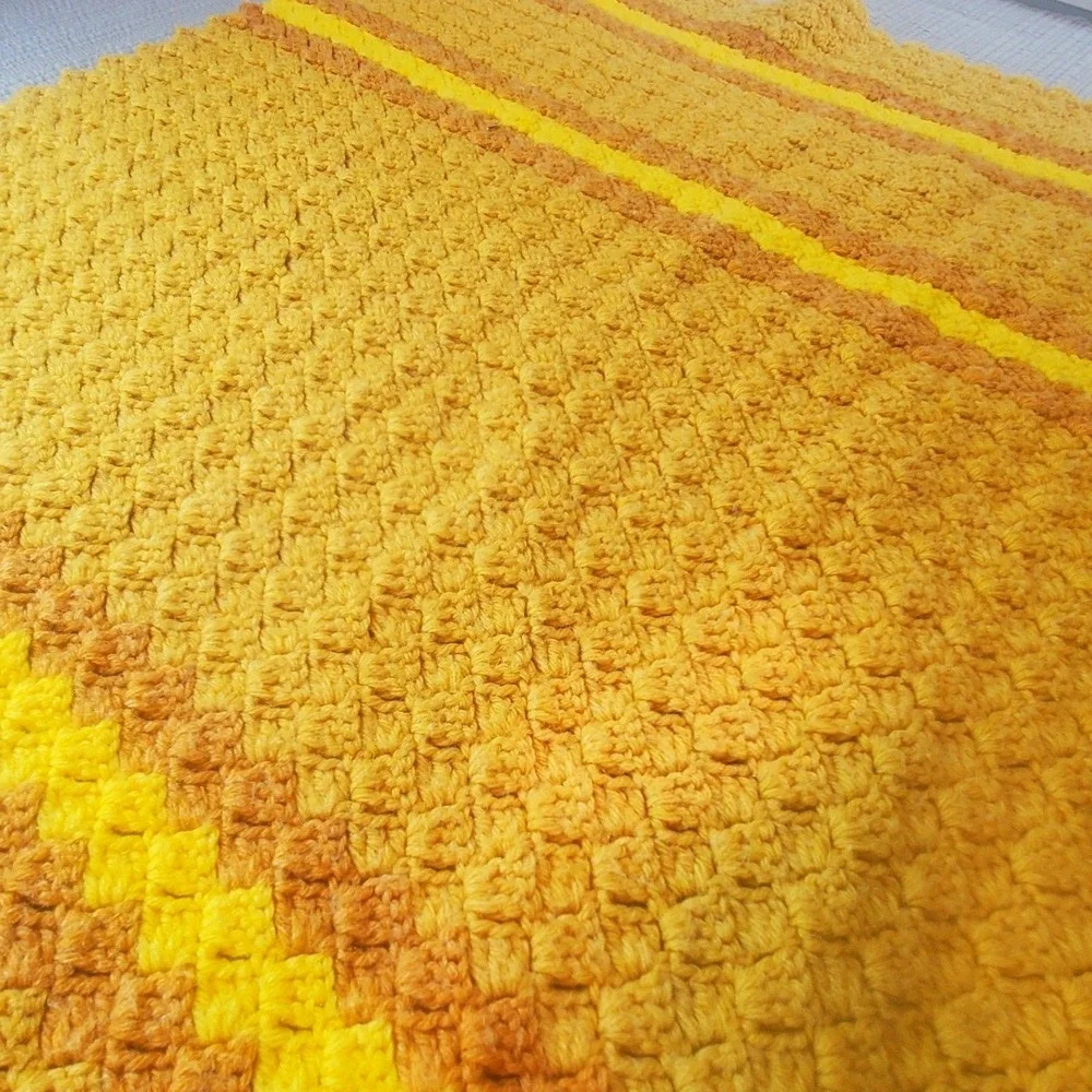 Vintage Handmade Crochet Lap Blanket Retro 70s Burnt Orange Mustard Yellow Throw